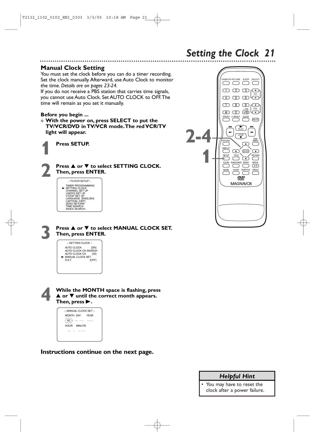 Philips 27MDTR20, 20MC4304, 19MDTR20, T2132 user manual Setting the Clock, Manual Clock Setting 