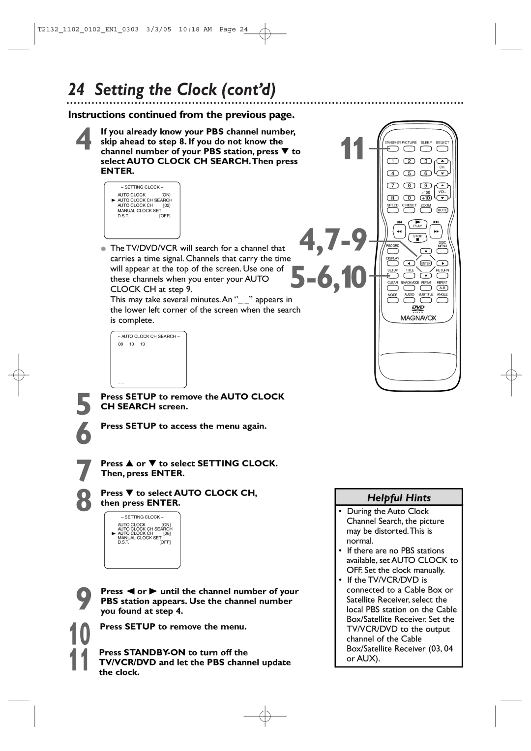 Philips 20MC4304, 27MDTR20 Press Setup to remove the Auto Clock, CH Search screen, Press Setup to access the menu again 