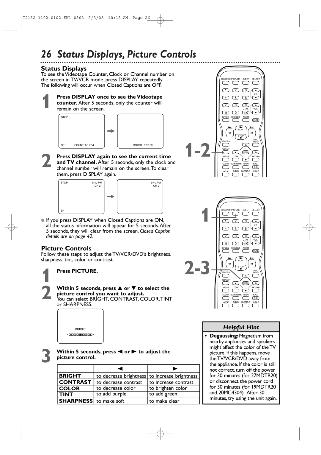 Philips 19MDTR20, 20MC4304, 27MDTR20, T2132 user manual Status Displays, Picture Controls 