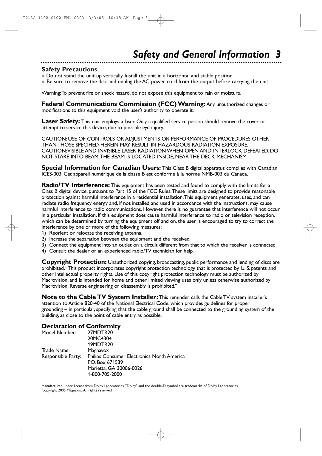 Philips T2132, 20MC4304, 27MDTR20, 19MDTR20 Safety and General Information, Safety Precautions, Declaration of Conformity 