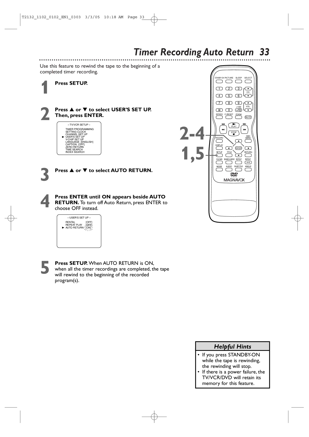 Philips 27MDTR20, 20MC4304, 19MDTR20, T2132 user manual Timer Recording Auto Return, Choose OFF instead 