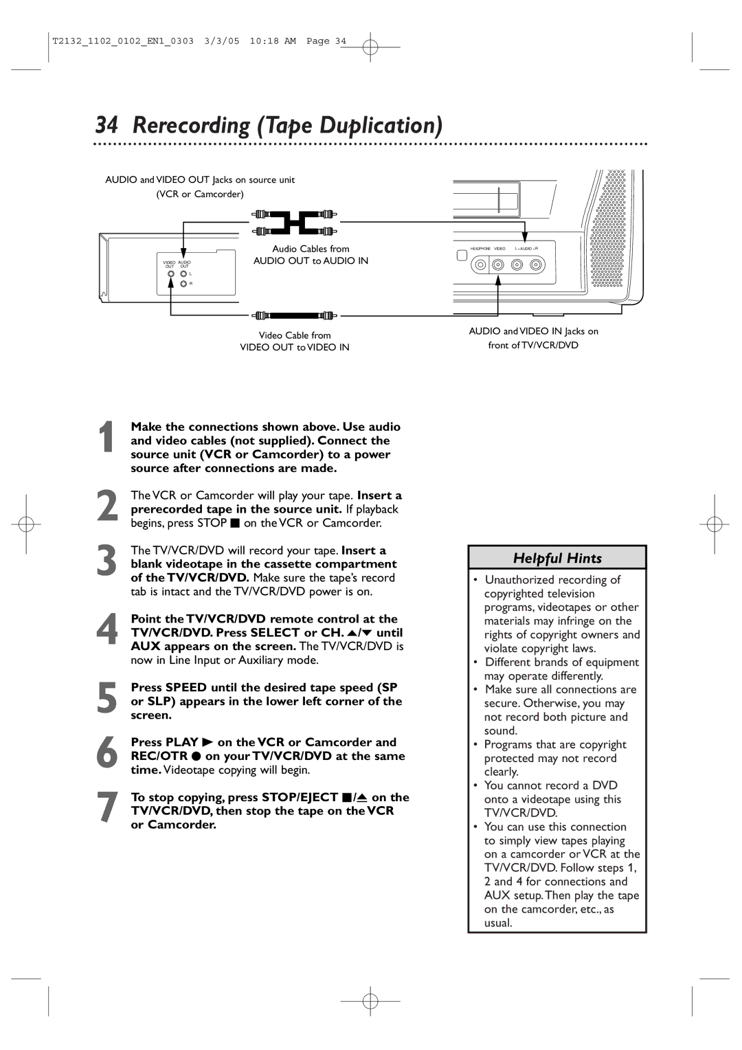 Philips 19MDTR20, 20MC4304, 27MDTR20, T2132 user manual Rerecording Tape Duplication, Video OUT to Video 