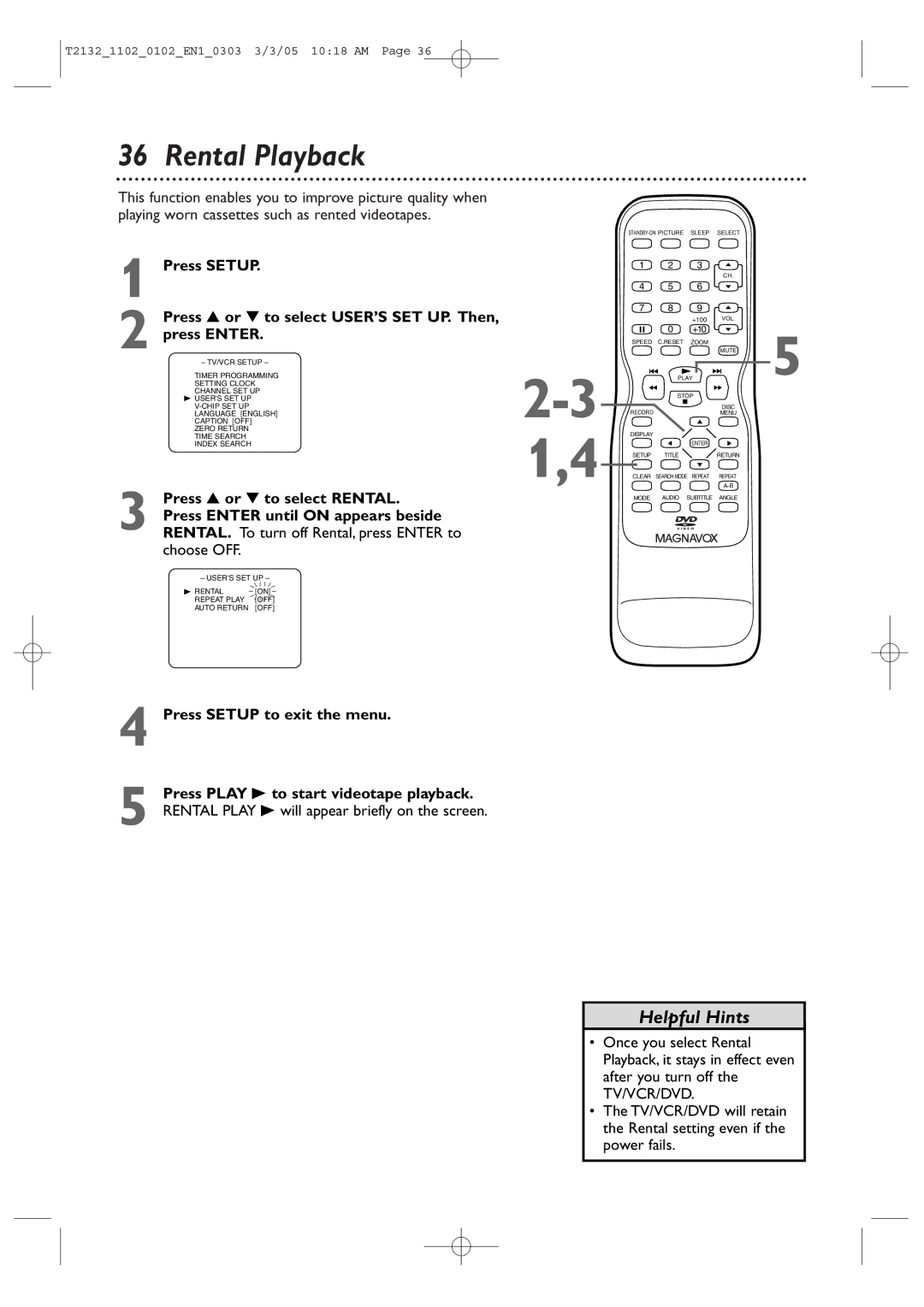 Philips 20MC4304, 27MDTR20, 19MDTR20, T2132 user manual Rental Playback, Choose OFF, Press Setup to exit the menu 