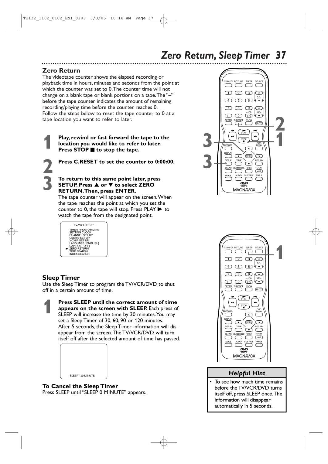 Philips 27MDTR20, 20MC4304, 19MDTR20, T2132 user manual Zero Return, Sleep Timer, Press Sleep until Sleep 0 Minute appears 