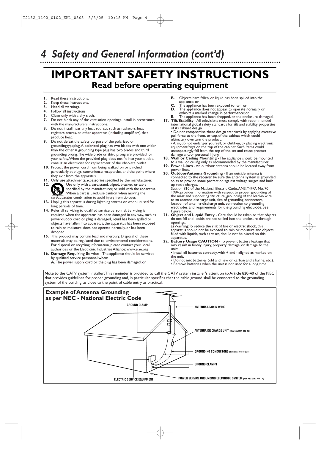 Philips 20MC4304, 27MDTR20, 19MDTR20, T2132 user manual Important Safety Instructions, Safety and General Information cont’d 