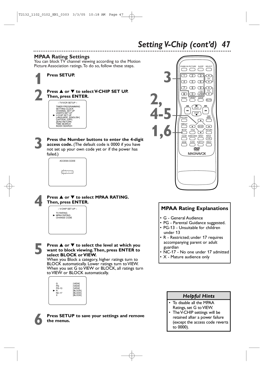 Philips T2132, 20MC4304 Mpaa Rating Settings, Mpaa Rating Explanations, Press or to select Mpaa Rating Then, press Enter 