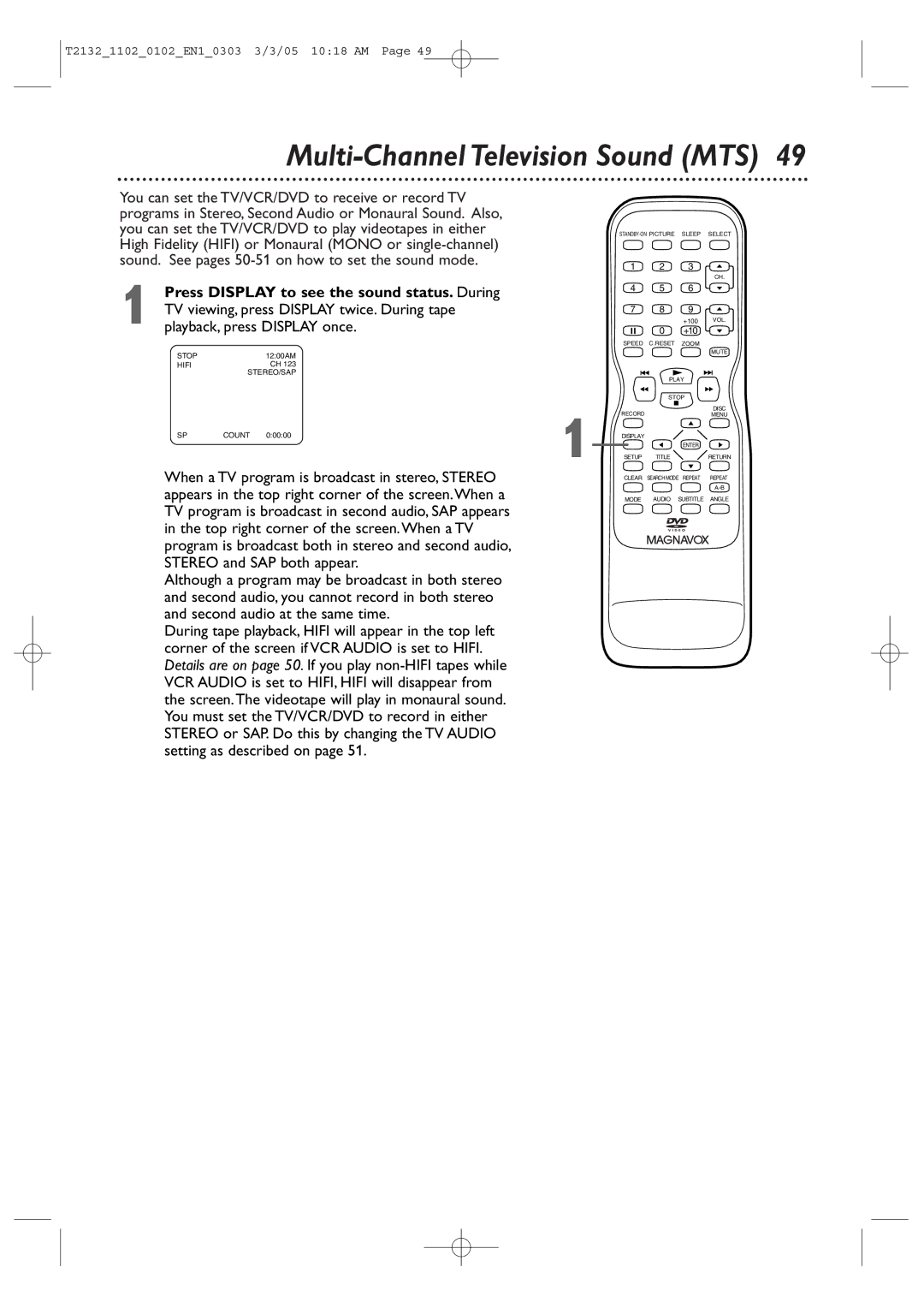 Philips 27MDTR20, 20MC4304, 19MDTR20 Multi-Channel Television Sound MTS, Press Display to see the sound status. During 