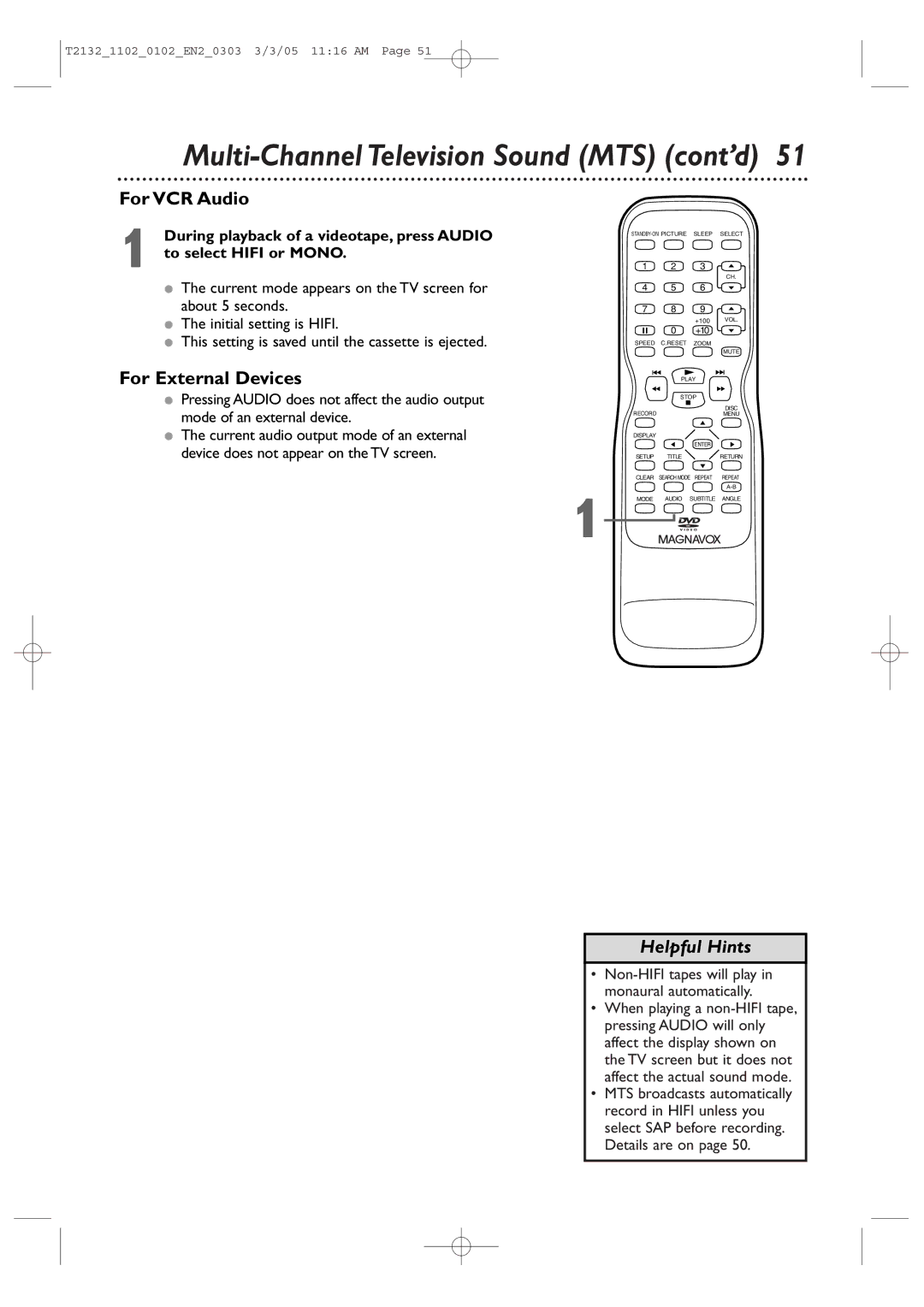 Philips T2132, 20MC4304, 27MDTR20, 19MDTR20 user manual For VCR Audio, For External Devices 