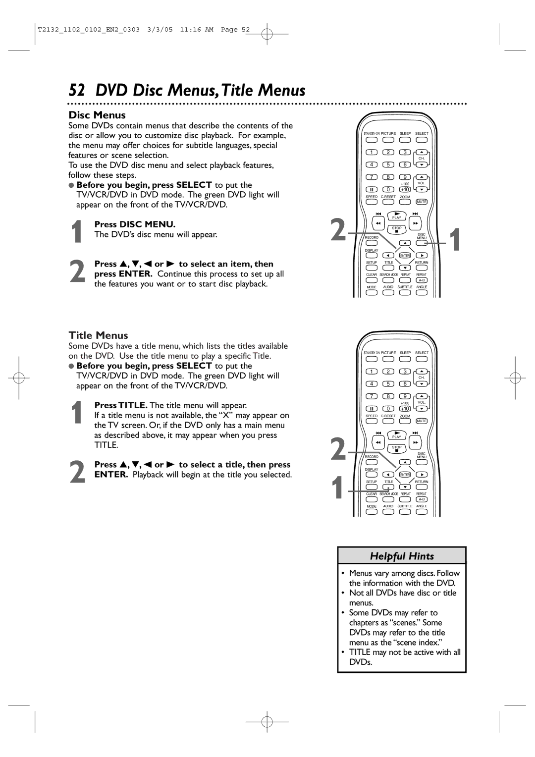 Philips 20MC4304, 27MDTR20, 19MDTR20, T2132 user manual Disc Menus, Title Menus 