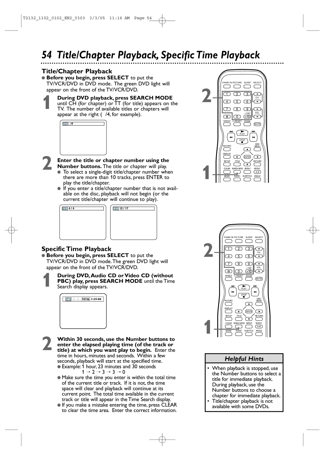 Philips 19MDTR20 Title/Chapter Playback, Specific Time Playback, Example 1 hour, 23 minutes and 30 seconds → 2 → 3 → 3 → 