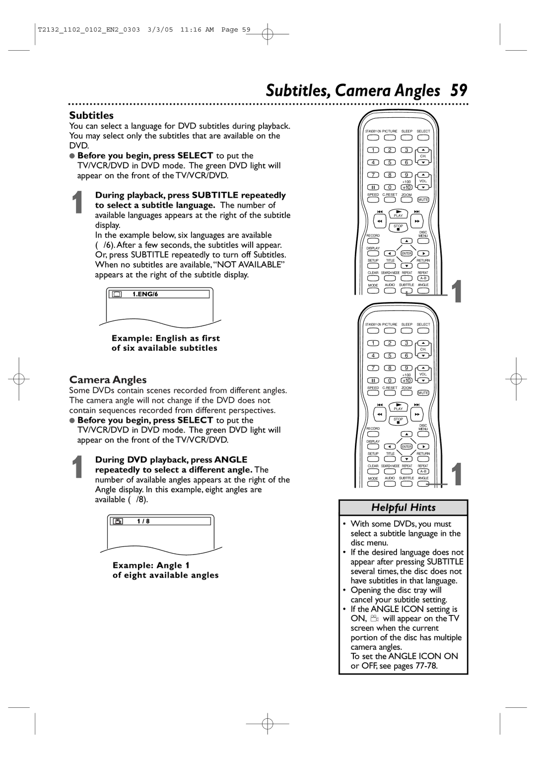 Philips T2132, 20MC4304, 27MDTR20, 19MDTR20 user manual Subtitles, Camera Angles, Example below, six languages are available 