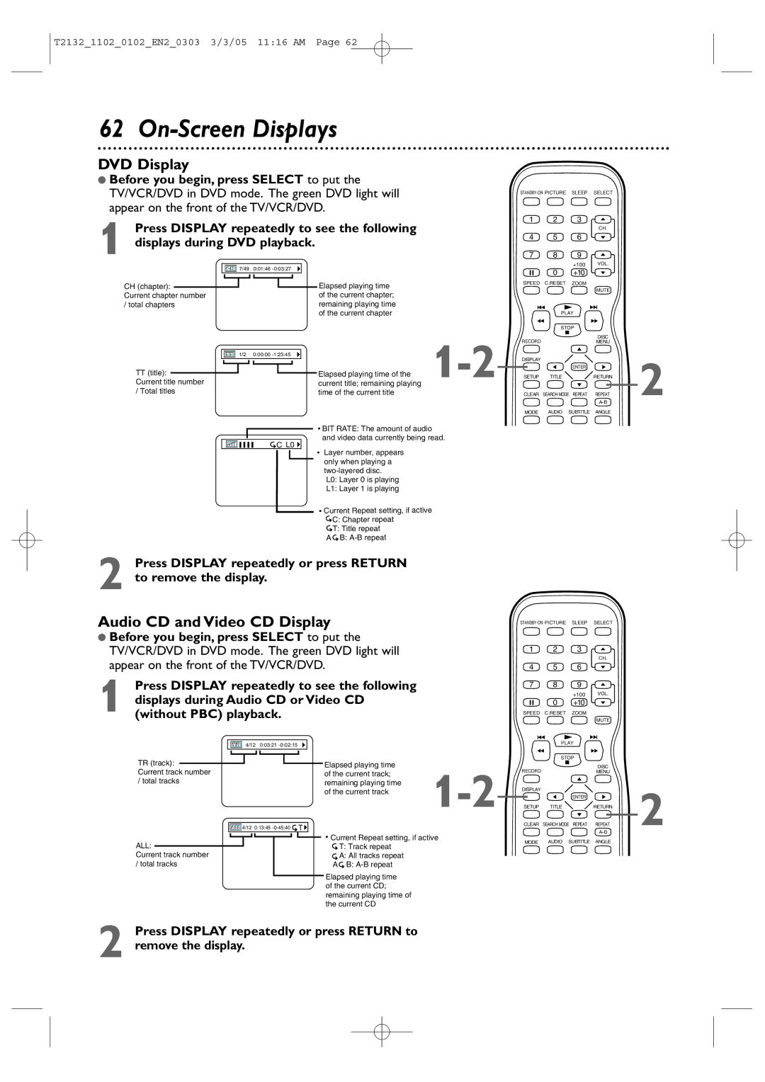 Philips 19MDTR20, 20MC4304, 27MDTR20, T2132 user manual On-Screen Displays, DVD Display, Audio CD and Video CD Display 