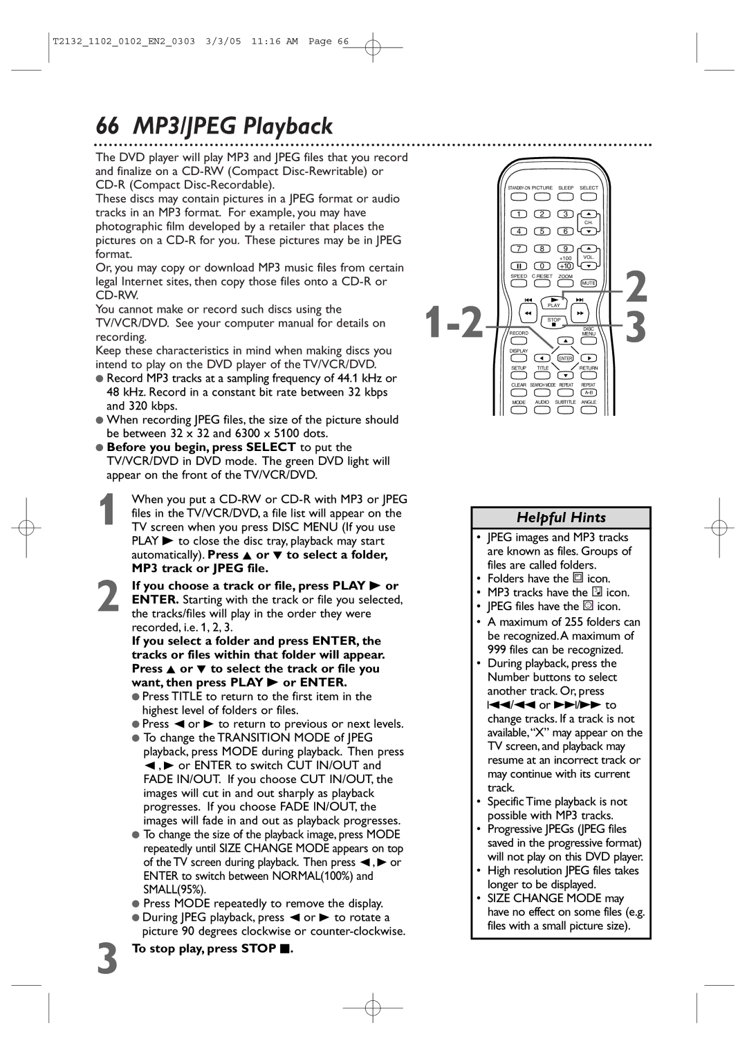 Philips 19MDTR20, 20MC4304, 27MDTR20, T2132 user manual 66 MP3/JPEG Playback, To stop play, press Stop C 