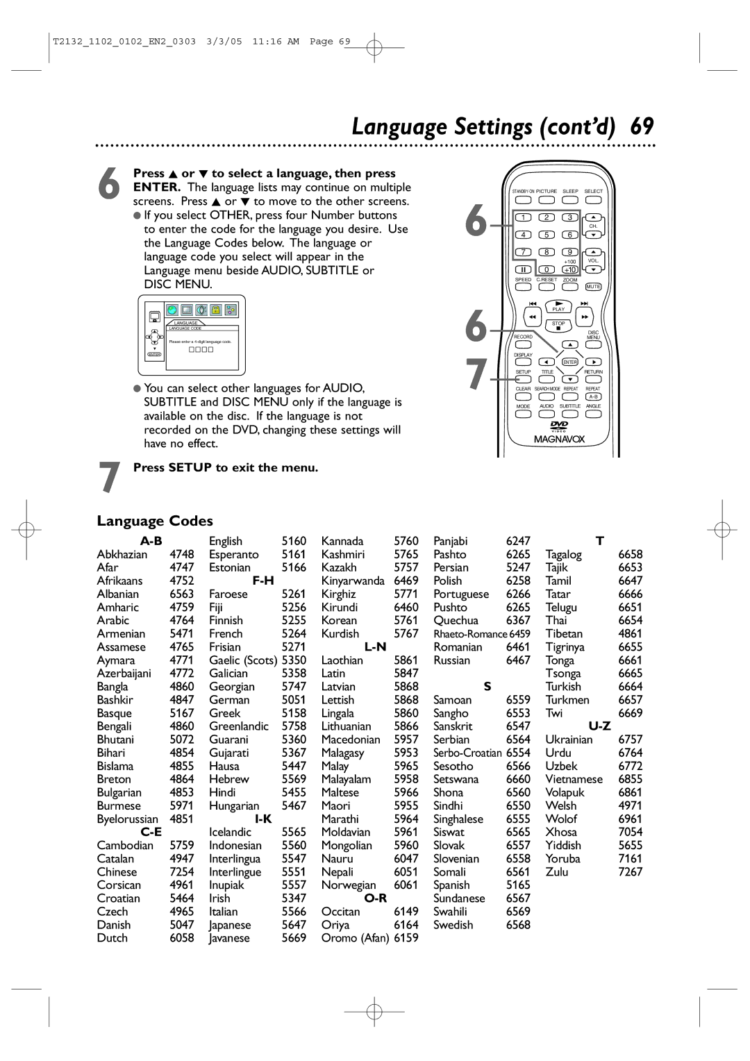 Philips 27MDTR20, 20MC4304, 19MDTR20, T2132 user manual Language Settings cont’d, Language Codes 