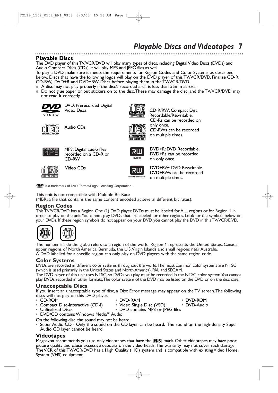 Philips T2132, 20MC4304, 27MDTR20, 19MDTR20 Playable Discs, Region Codes, Color Systems, Unacceptable Discs, Videotapes 