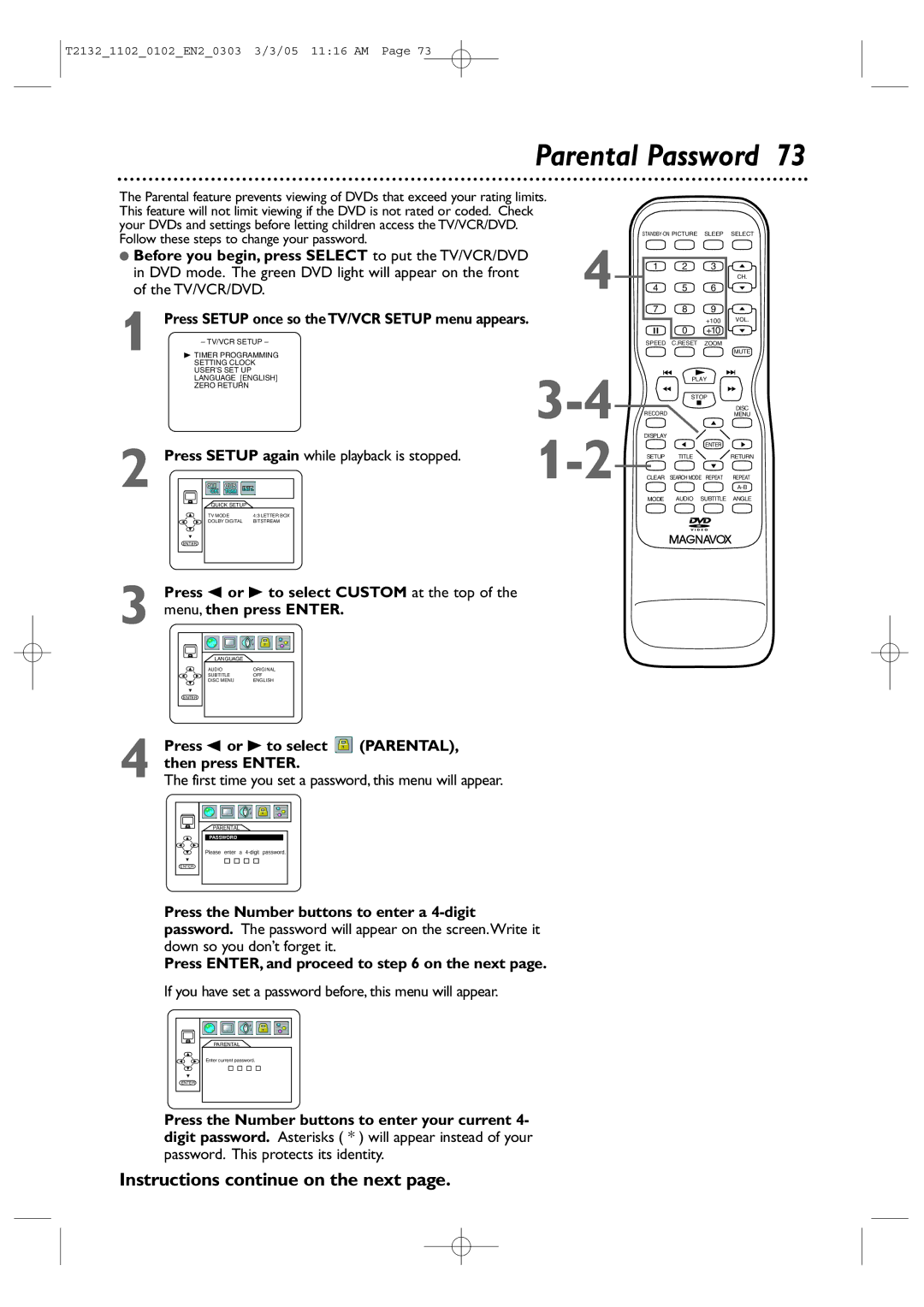 Philips 27MDTR20, 20MC4304, 19MDTR20, T2132 Parental Password, Before you begin, press Select to put the TV/VCR/DVD 