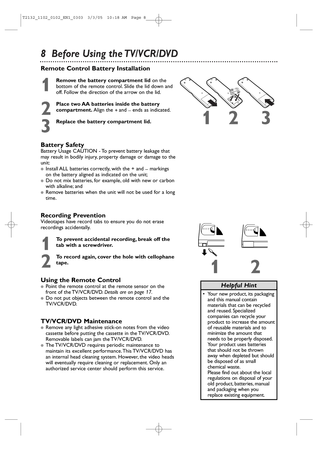 Philips 20MC4304 Remote Control Battery Installation, Battery Safety, Recording Prevention, Using the Remote Control 