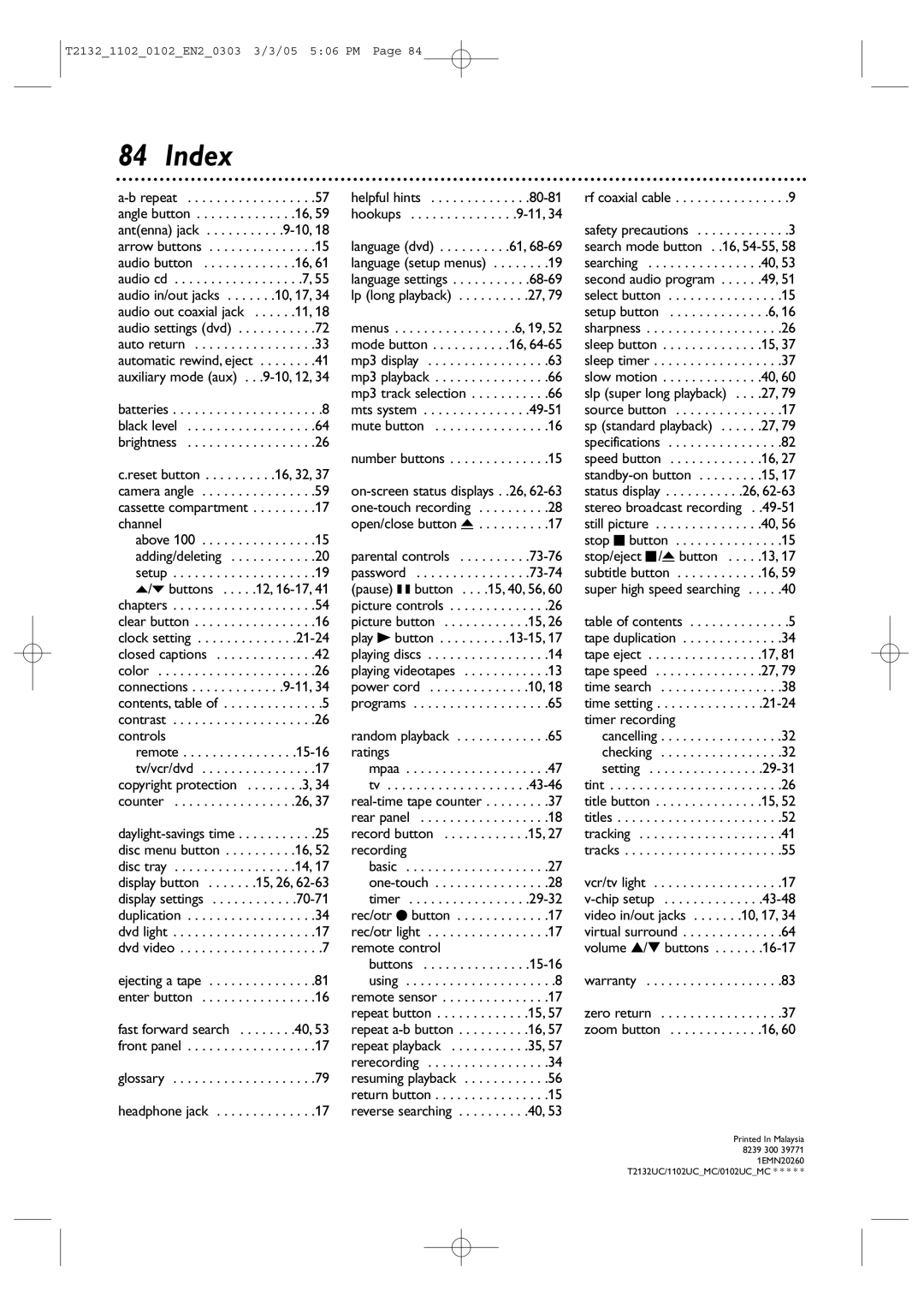 Philips 20MC4304, 27MDTR20, 19MDTR20, T2132 user manual Index 