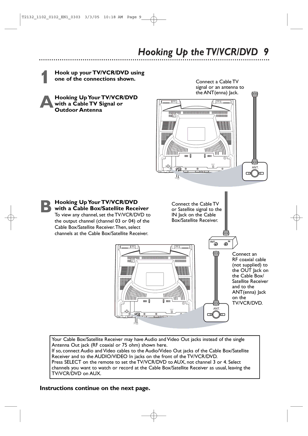 Philips 27MDTR20, 20MC4304, 19MDTR20, T2132 user manual Hooking Up the TV/VCR/DVD, Instructions continue on the next 