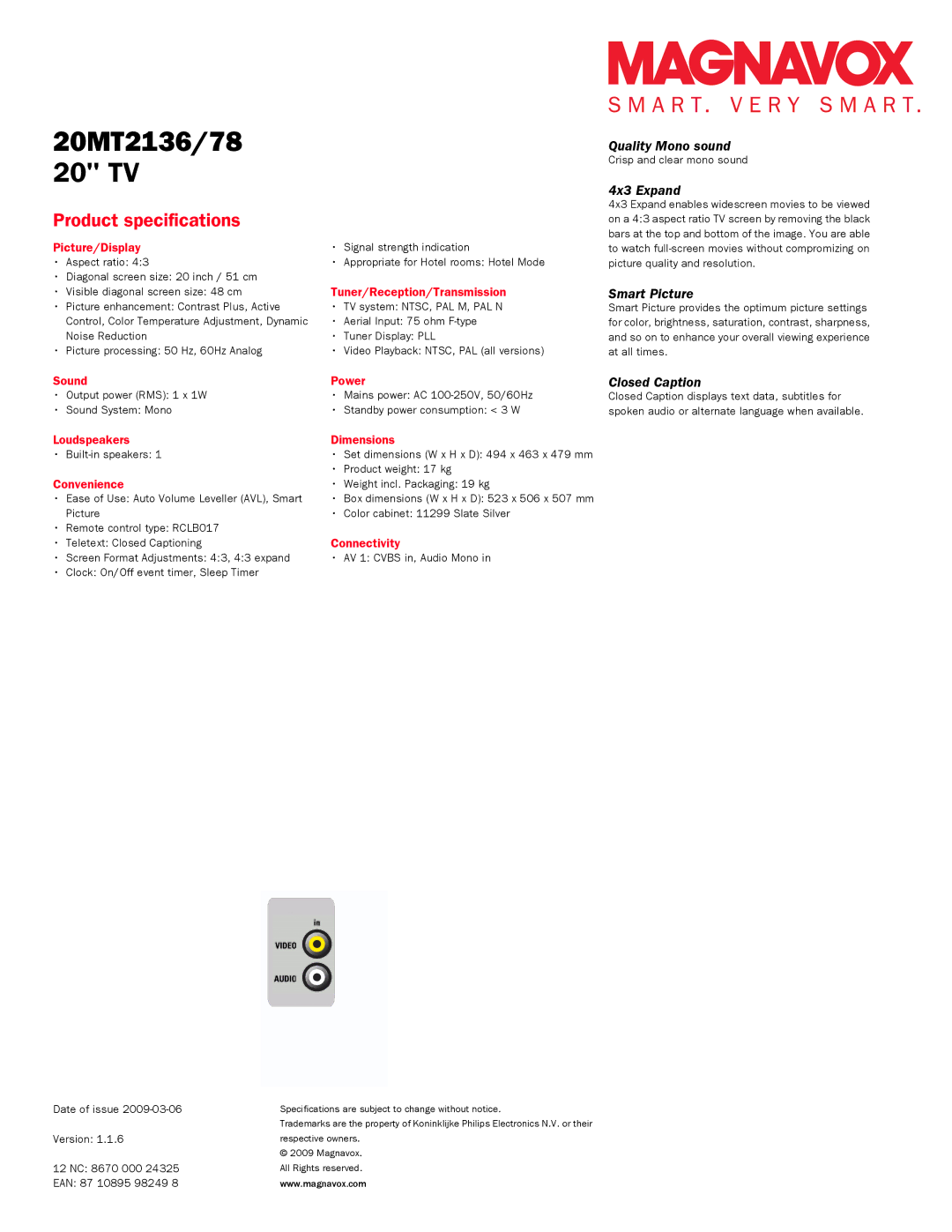 Philips 20MT2136 manual Quality Mono sound, 4x3 Expand, Smart Picture, Closed Caption 