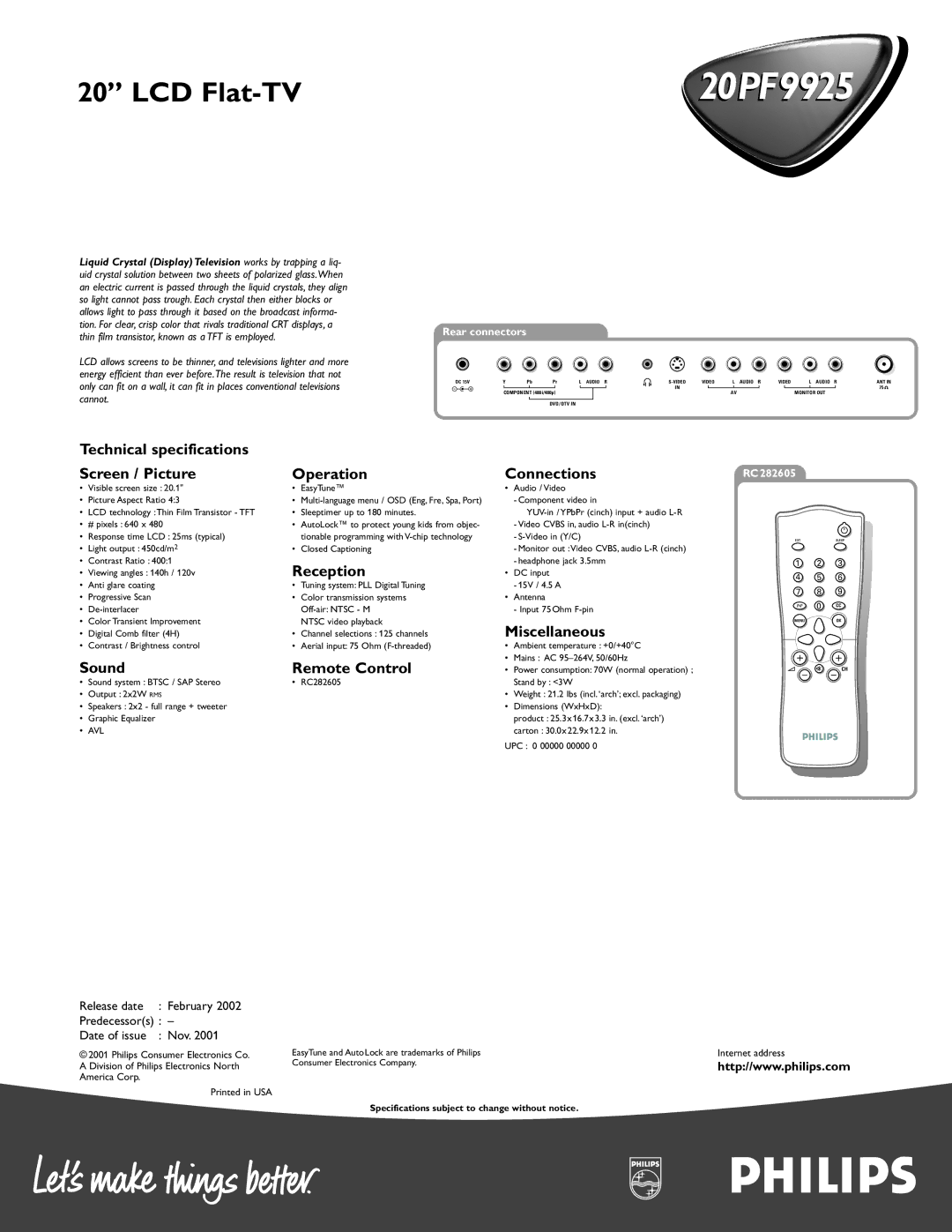 Philips 20PF 9925 Technical specifications, Screen / Picture, Sound, Operation, Reception, Remote Control, Connections 