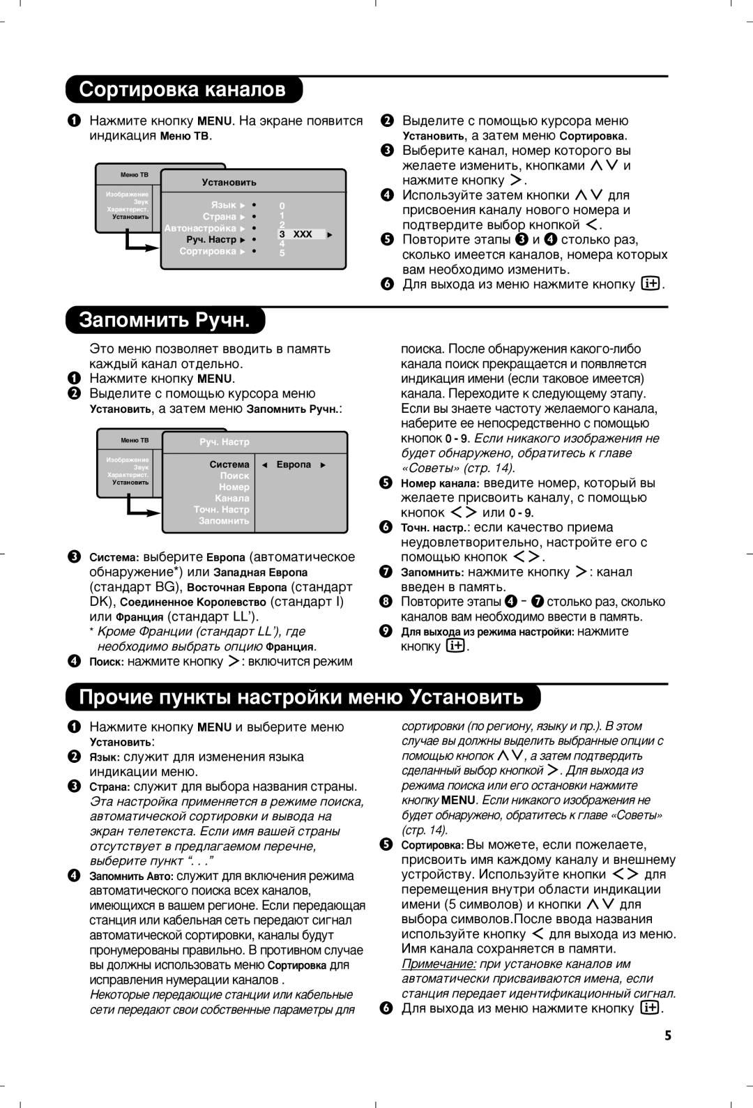 Philips 20PF4110S/58 manual Ëóúëó‚Í‡ Í‡Ì‡Îó‚, ‡ÔÓÏÌËÚ¸ êÛ˜Ì, Ó˜ËÂ ÔÛÌÍÚ˚ Ì‡ÒÚÓÈÍË ÏÂÌ˛ ìÒÚ‡ÌÓ‚ËÚ¸ 