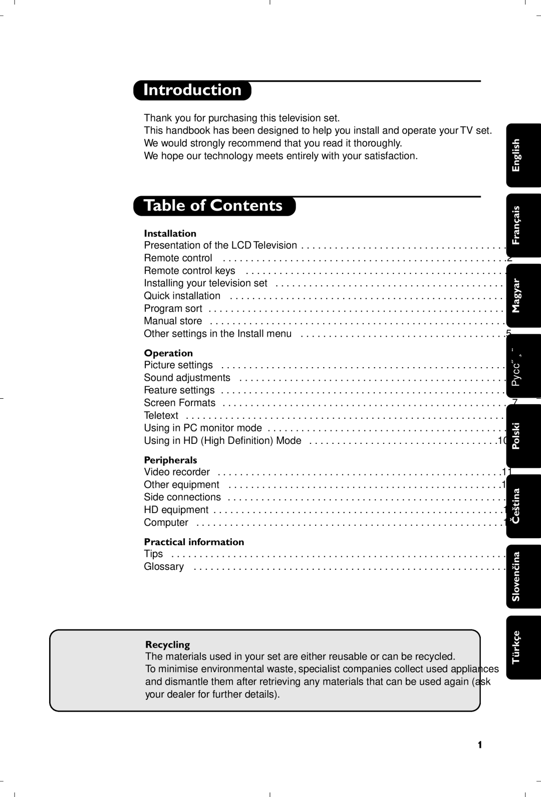 Philips 20PF4110S/58 manual Introduction, Table of Contents 