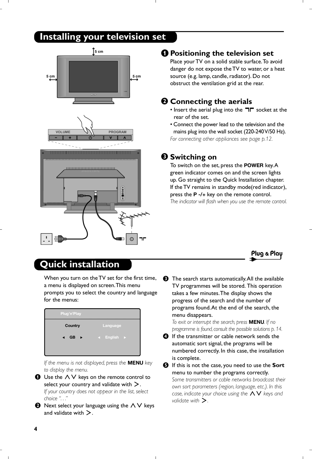 Philips 20PF4110S/58 Installing your television set, Quick installation, Positioning the television set, Switching on 