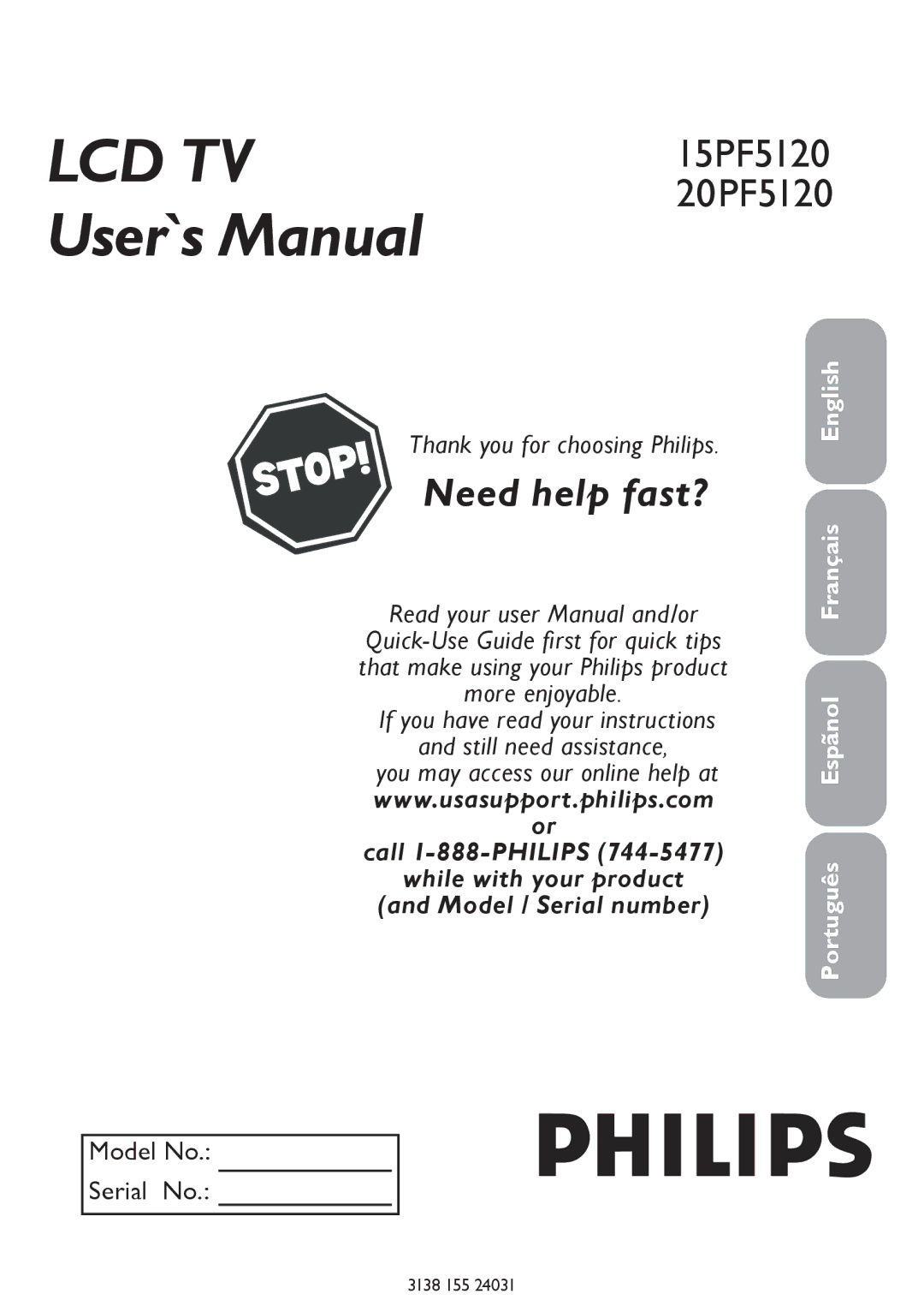 Philips 20PF5120 user manual LCD TV User`s Manual, 3138 155 