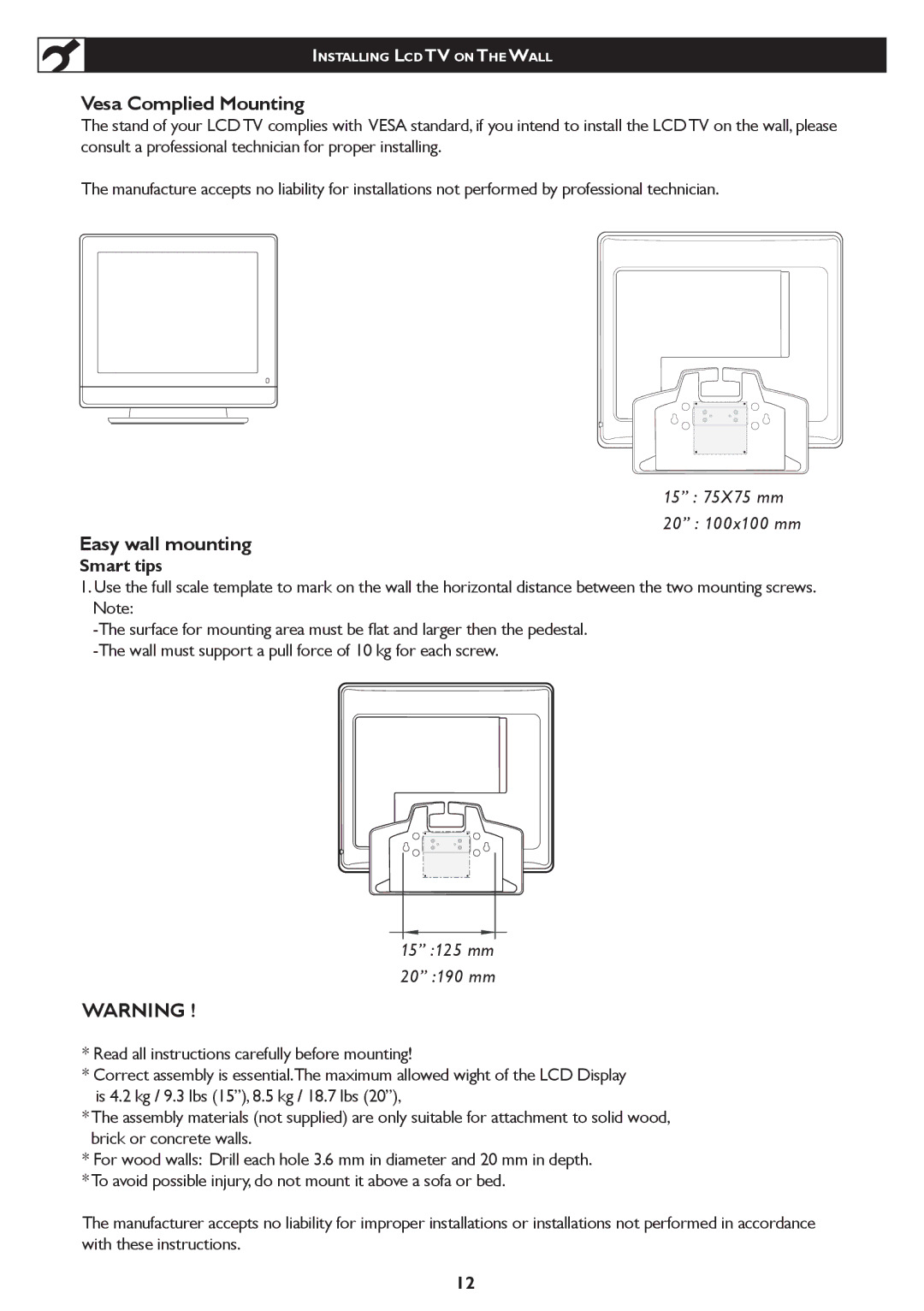 Philips 20PF5120 user manual Vesa Complied Mounting, Smart tips 