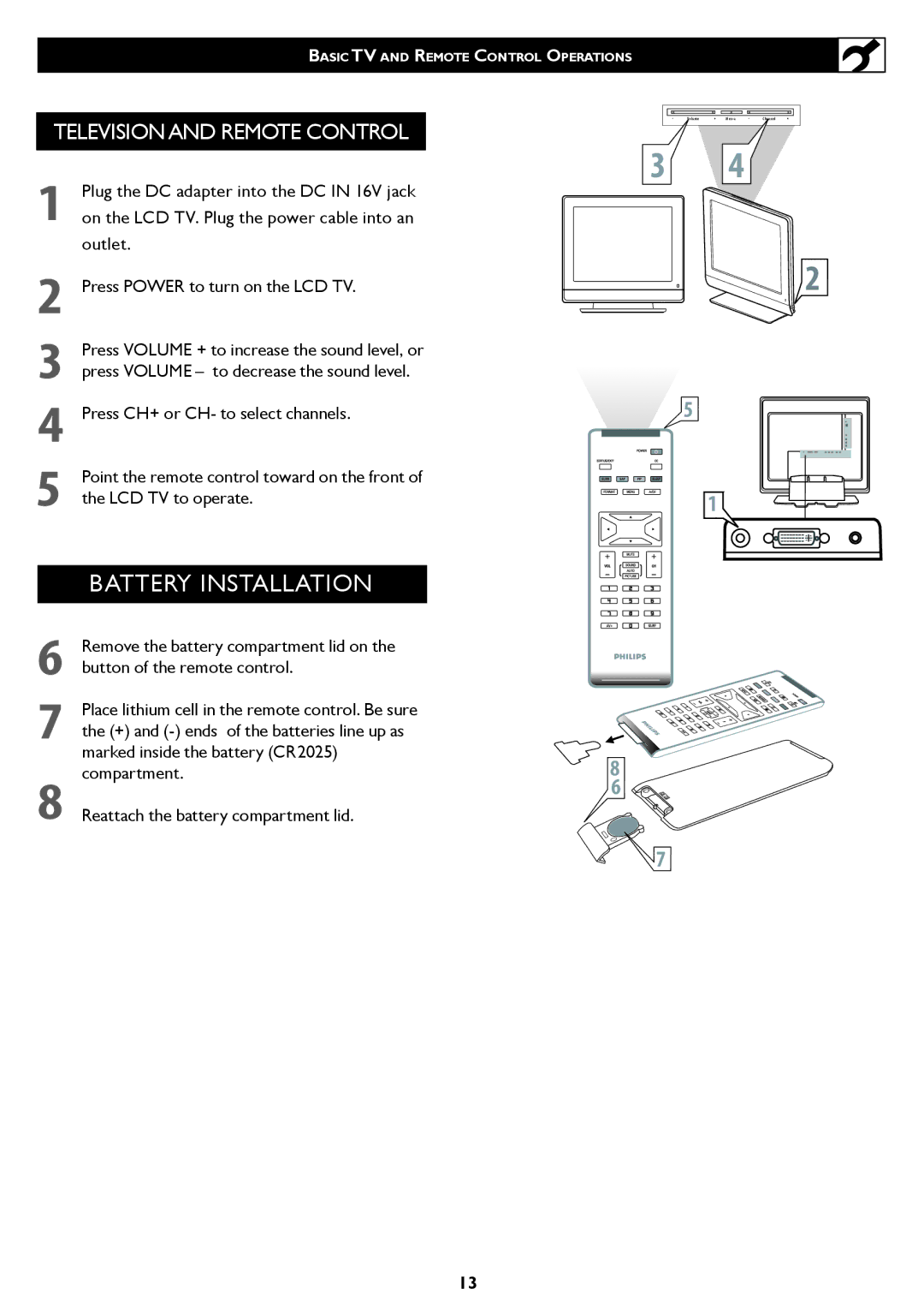 Philips 20PF5120 user manual Marked inside the battery CR2025, Compartment, Reattach the battery compartment lid 