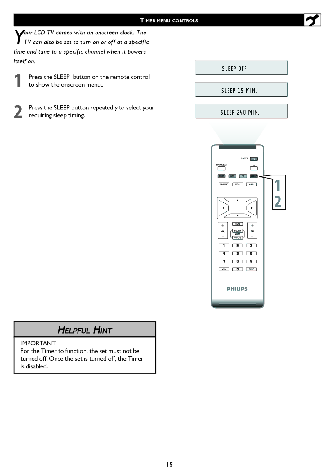 Philips 20PF5120 user manual Sleep OFF Sleep 15 MIN Sleep 240 MIN 