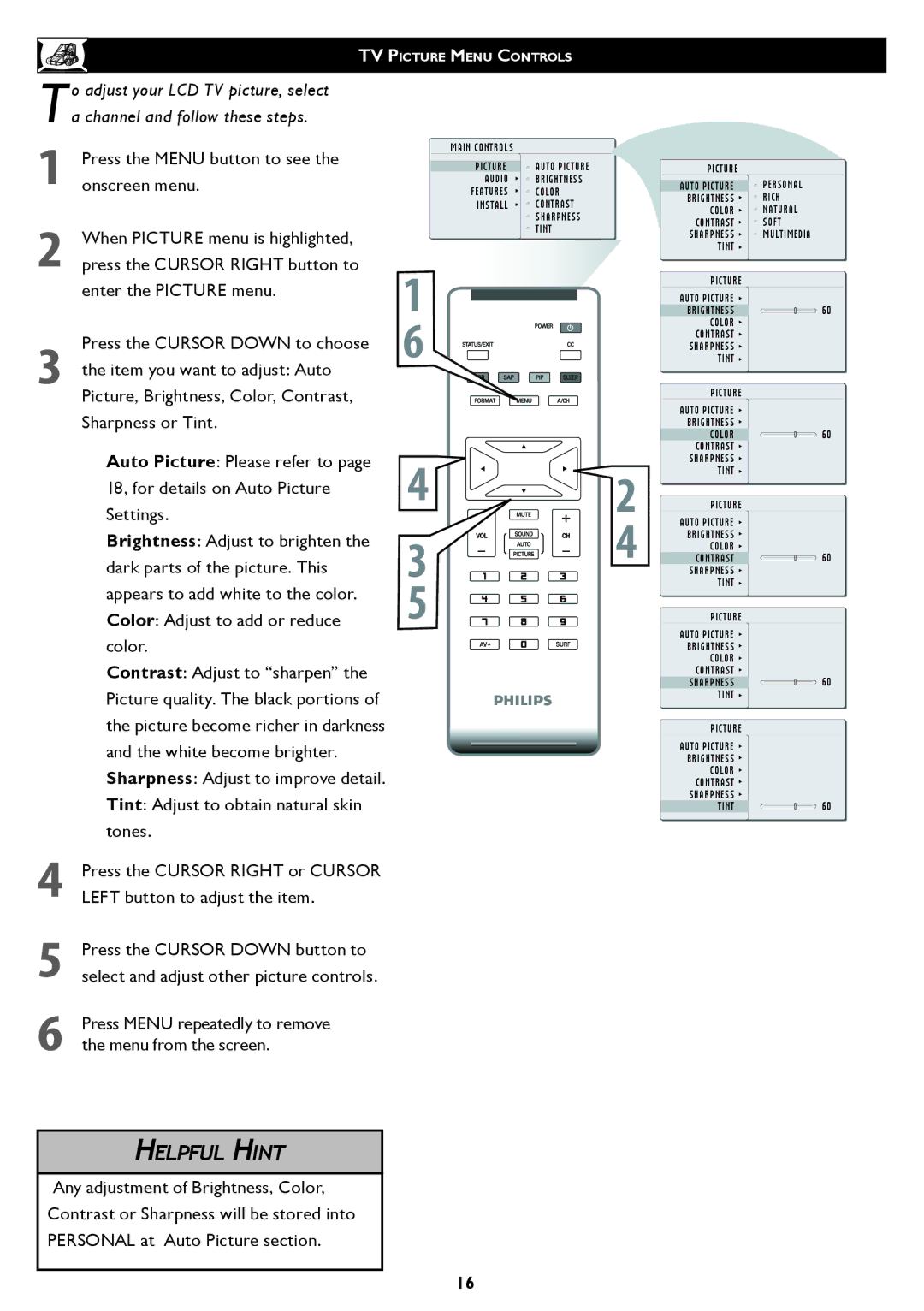 Philips 20PF5120 user manual TV Picture Menu Controls 