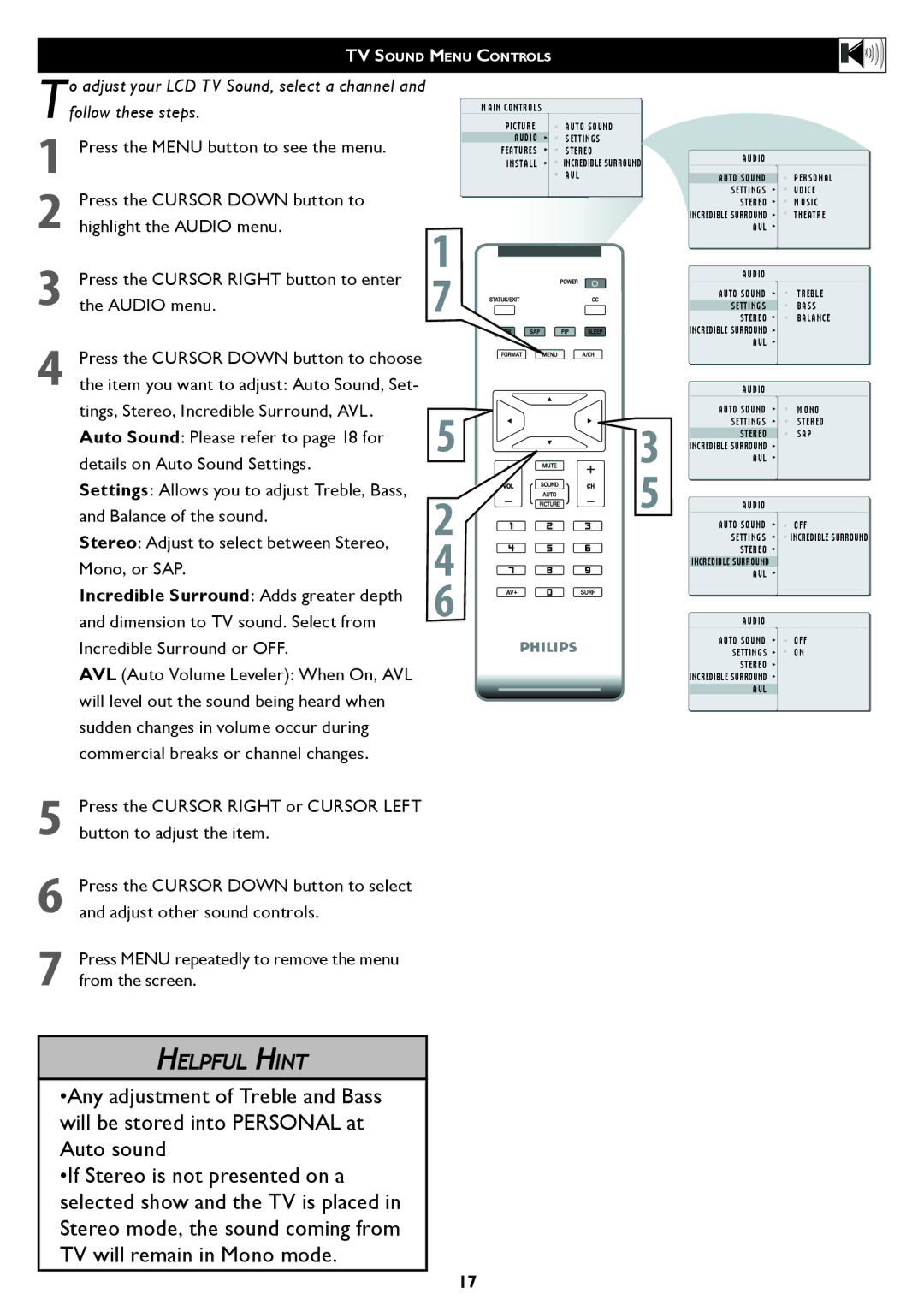 Philips 20PF5120 user manual TV Sound Menu Controls 