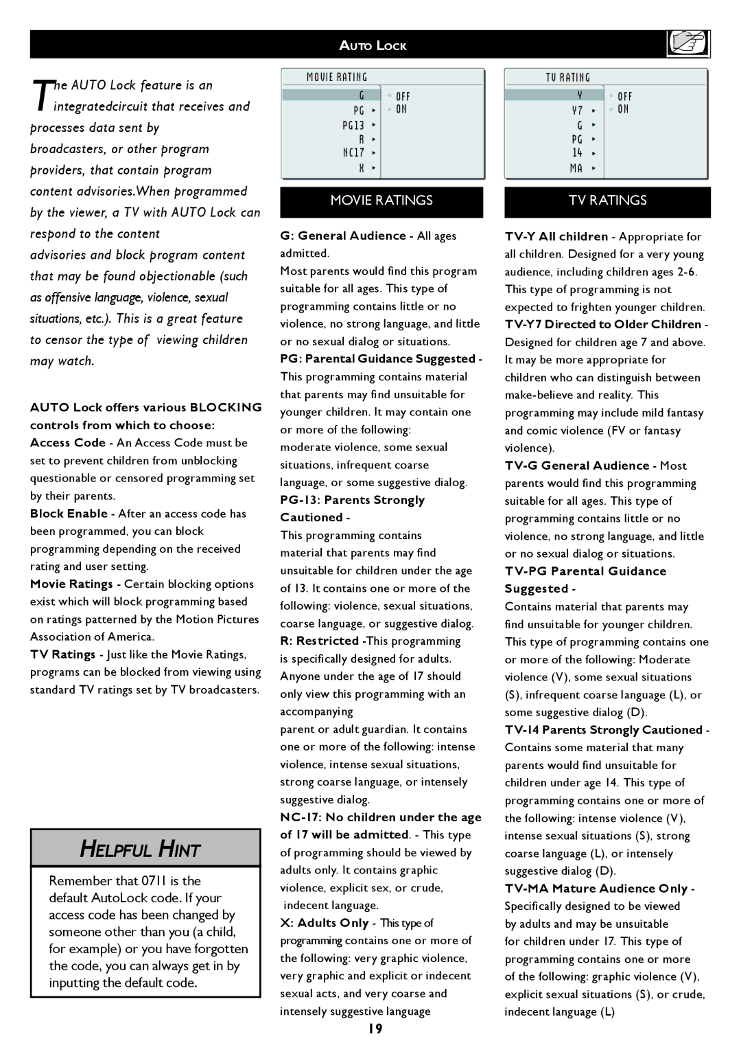 Philips 20PF5120 user manual Movie Ratings 