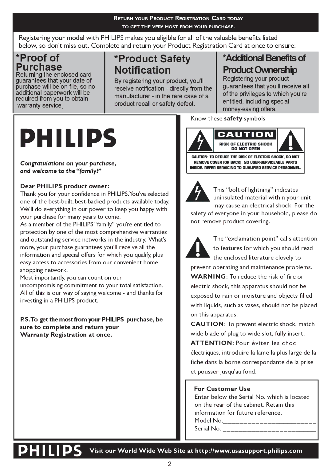 Philips 20PF5120 user manual Dear Philips product owner, For Customer Use 