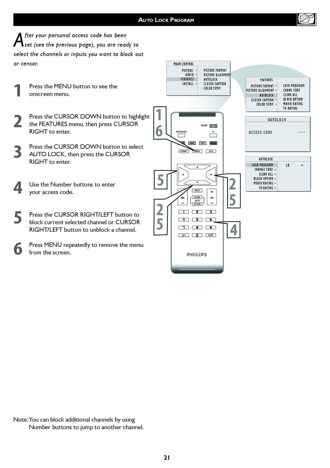 Philips 20PF5120 Press the Menu button to see the onscreen menu, Features menu, then press Cursor Right to enter 