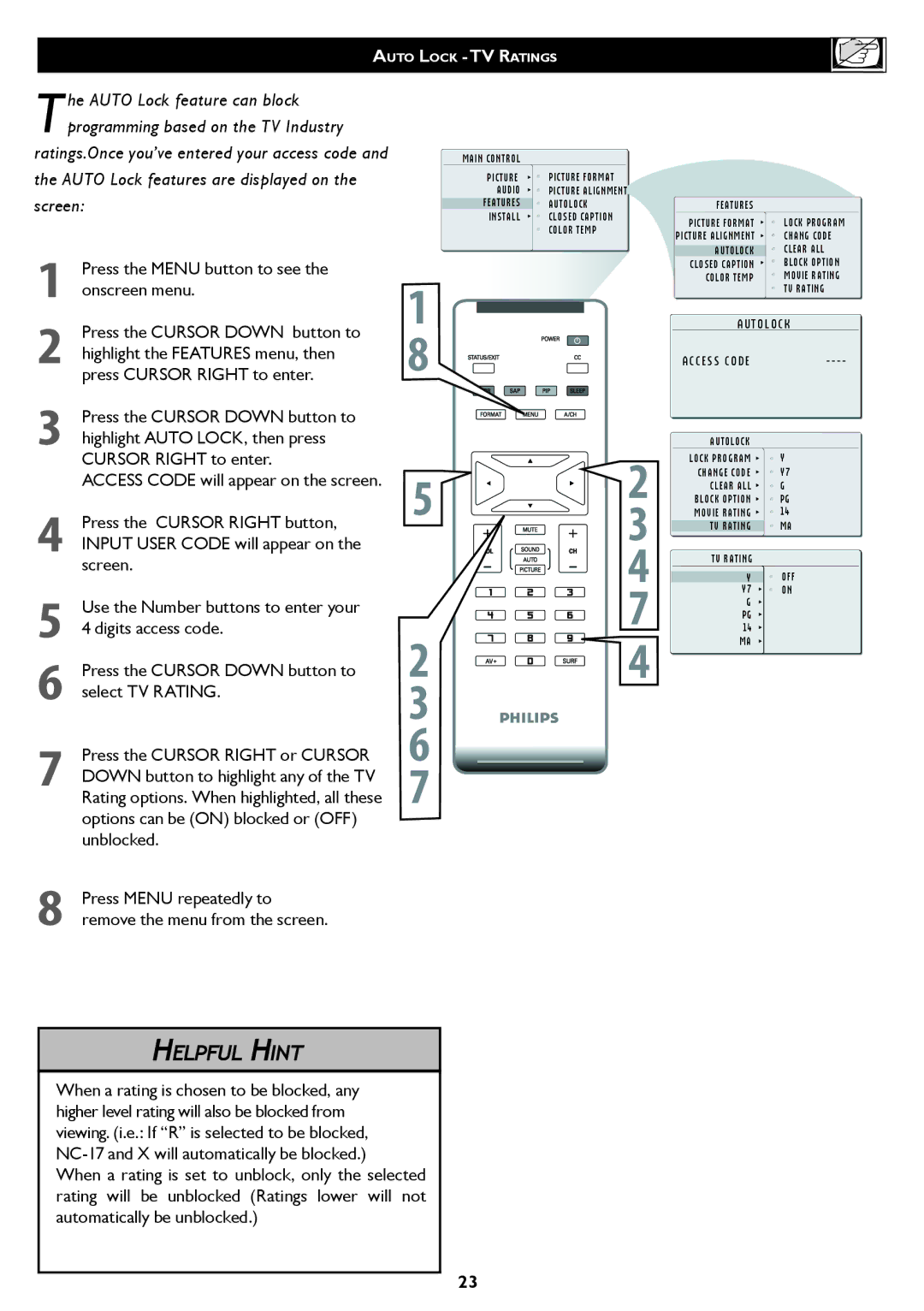 Philips 20PF5120 Options can be on blocked or OFF unblocked, Press Menu repeatedly to remove the menu from the screen 