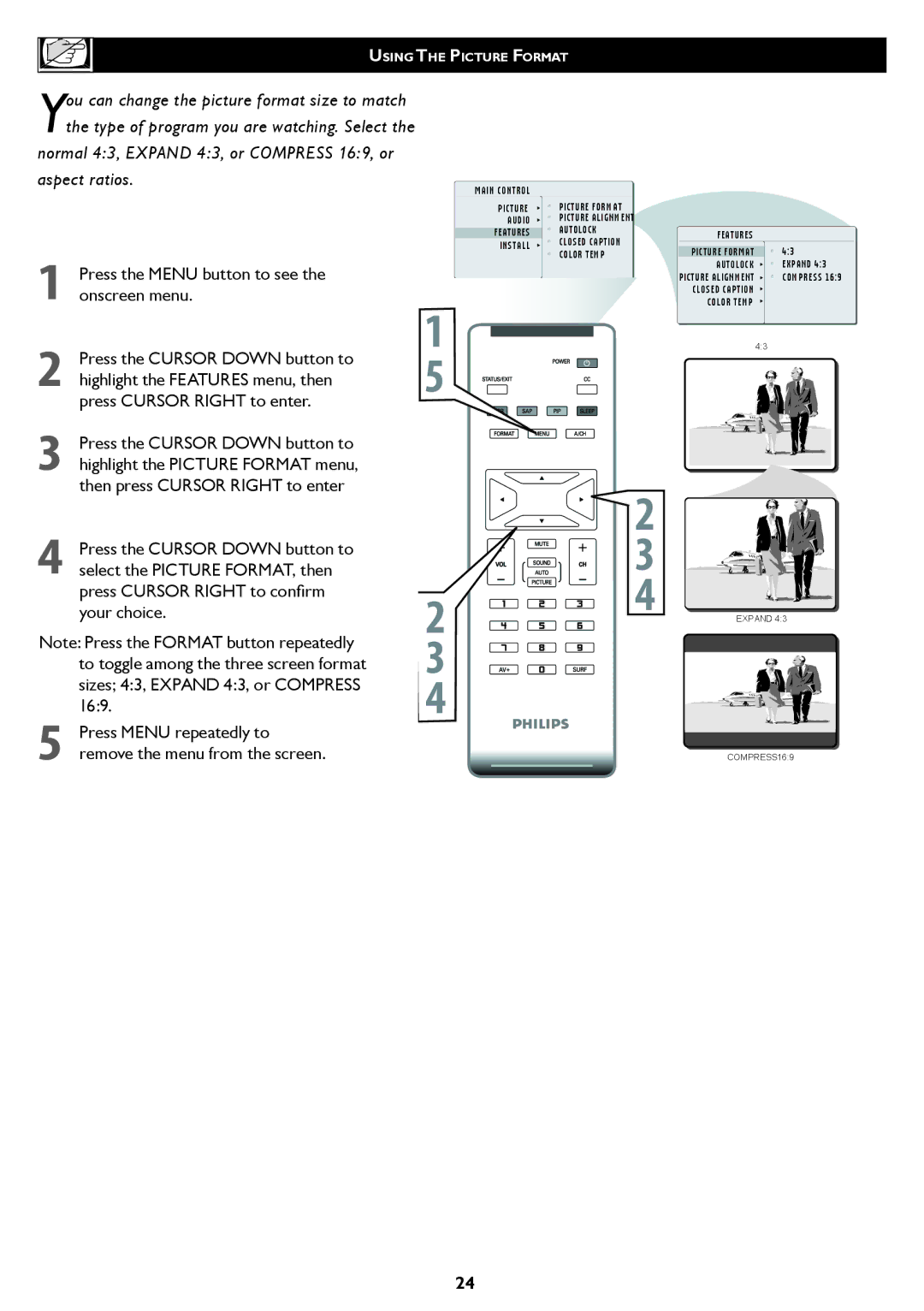 Philips 20PF5120 user manual Normal 43, Expand 43, or Compress 169, or aspect ratios 