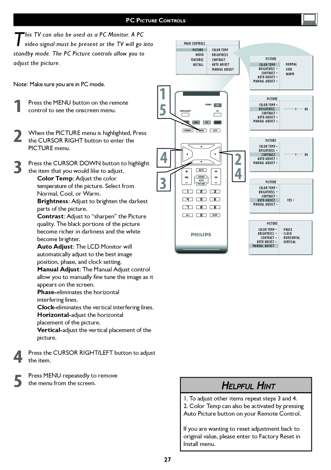 Philips 20PF5120 user manual Picture, To adjust other items repeat steps 3 