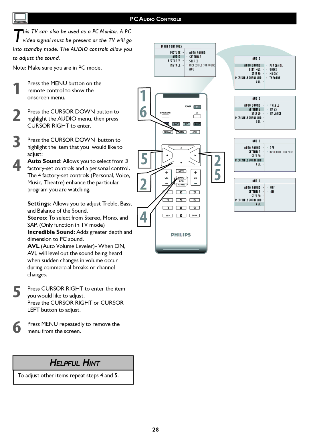 Philips 20PF5120 user manual To adjust other items repeat steps 4 