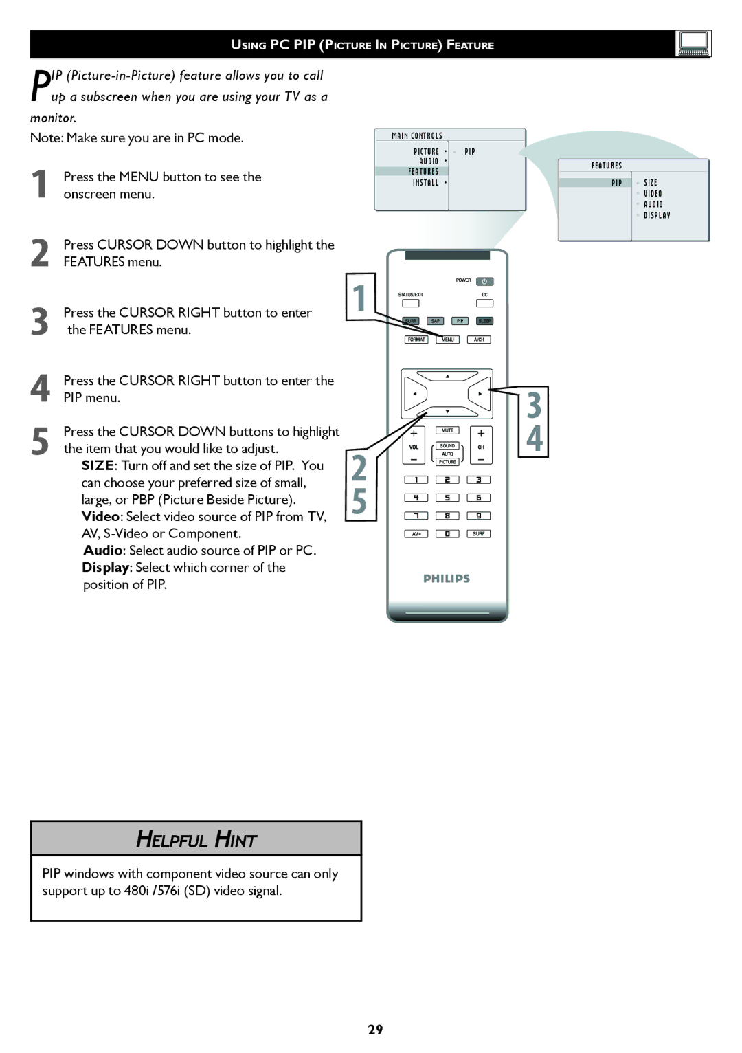 Philips 20PF5120 user manual Press the Cursor Right button to enter the PIP menu 