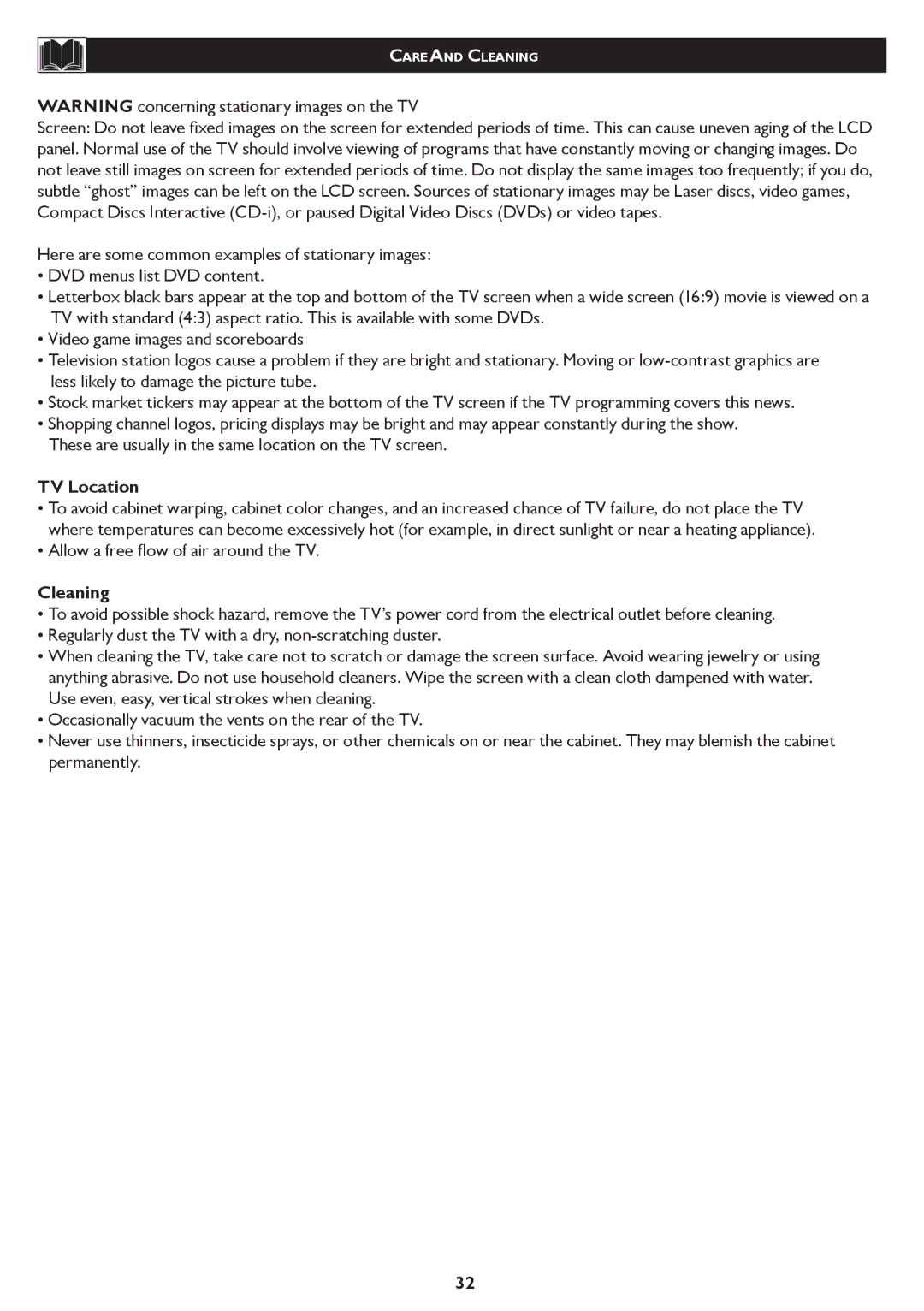 Philips 20PF5120 user manual TV Location, Allow a free ﬂow of air around the TV, Cleaning 