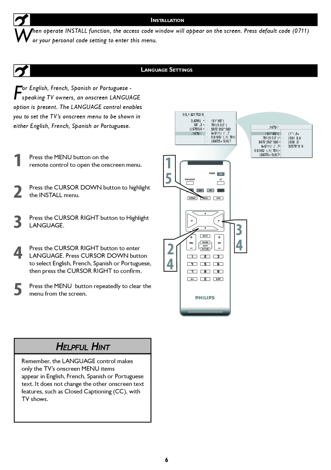 Philips 20PF5120 user manual Press the Menu button on, Press the Cursor Down button to highlight the Install menu 