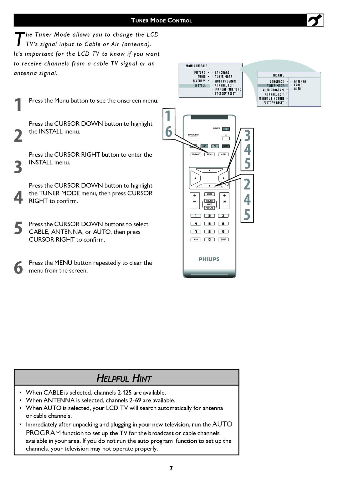 Philips 20PF5120 user manual Install menu, Right to conﬁrm 