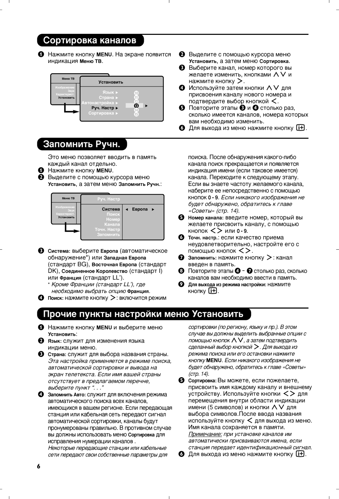 Philips 20PF5320/58 manual Ëóúëó‚Í‡ Í‡Ì‡Îó‚, ‡ÔÓÏÌËÚ¸ êÛ˜Ì, Ó˜ËÂ ÔÛÌÍÚ˚ Ì‡ÒÚÓÈÍË ÏÂÌ˛ ìÒÚ‡ÌÓ‚ËÚ¸ 