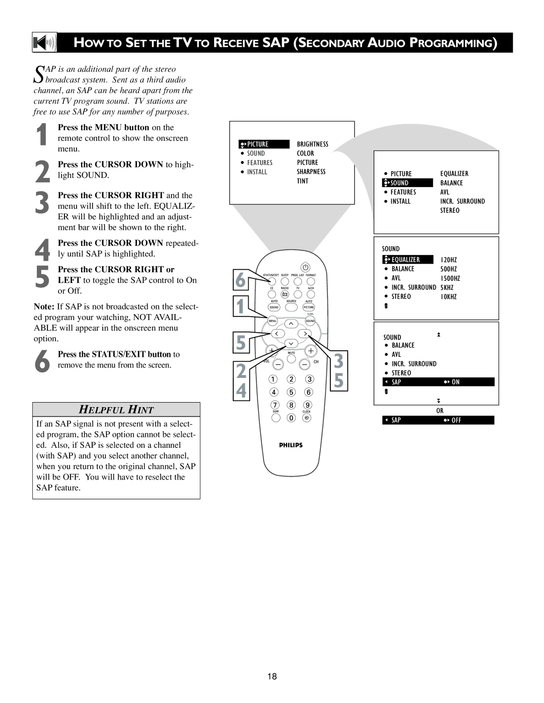 Philips 20PF7835/20, 20PF7835/37 warranty HOW to SET the TV to Receive SAP Secondary Audio Programming 