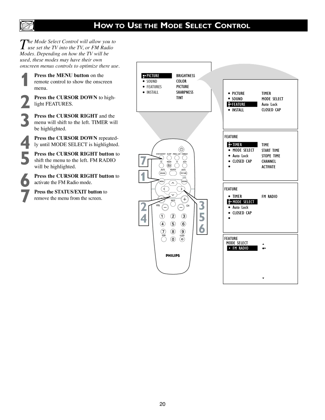 Philips 20PF7835/20, 20PF7835/37 warranty HOW to USE the Mode Select Control, Timer 