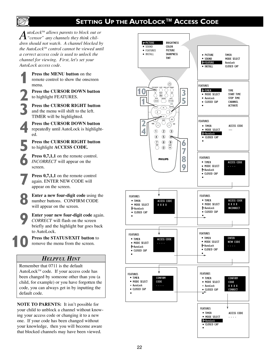 Philips 20PF7835/20, 20PF7835/37 warranty Setting UP the Autolock Access Code, Timer 