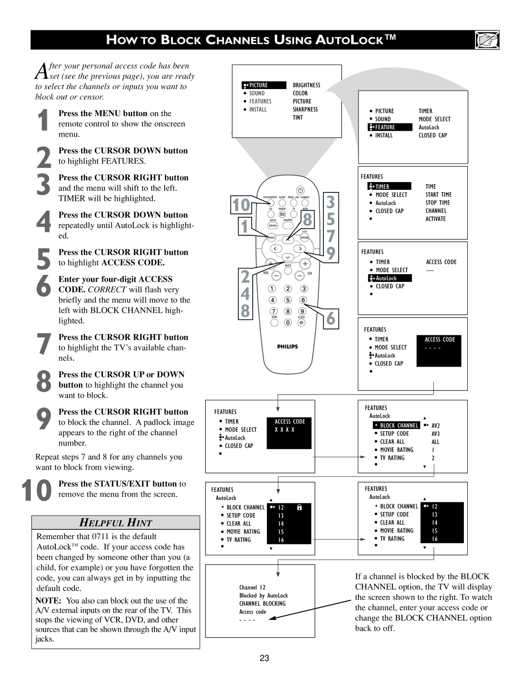 Philips 20PF7835/37, 20PF7835/20 warranty HOW to Block Channels Using Autolock, Timer 